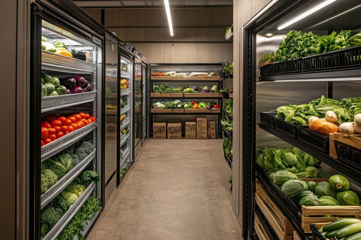A well-lit grocery store aisle with refrigerated cases and open shelves of fresh produce.