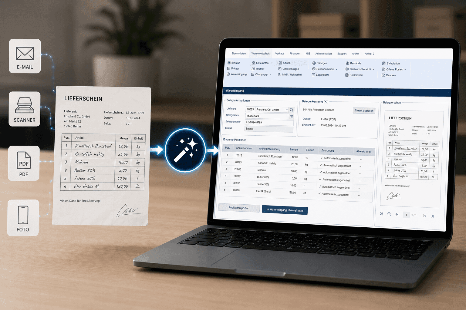 Automated data extraction from a paper delivery note into a laptop displaying digital records.
