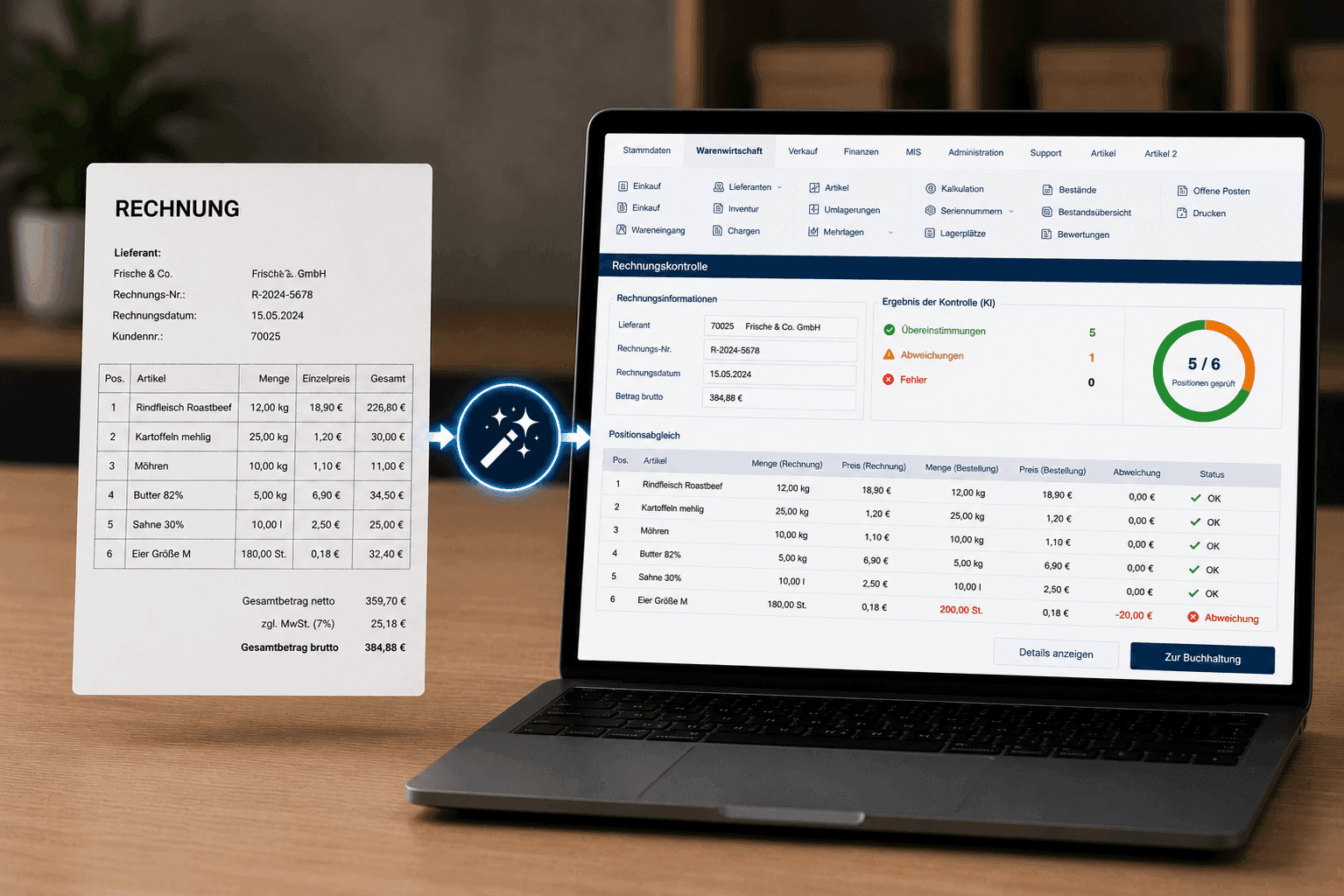Laptop processing a 'RECHNUNG' invoice, showing digital transformation from paper to data.