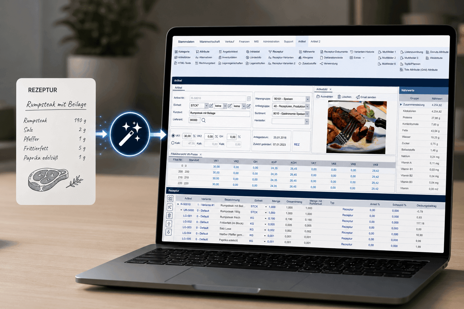Recipe card with nutritional data magically transfers information to a laptop's food management software.