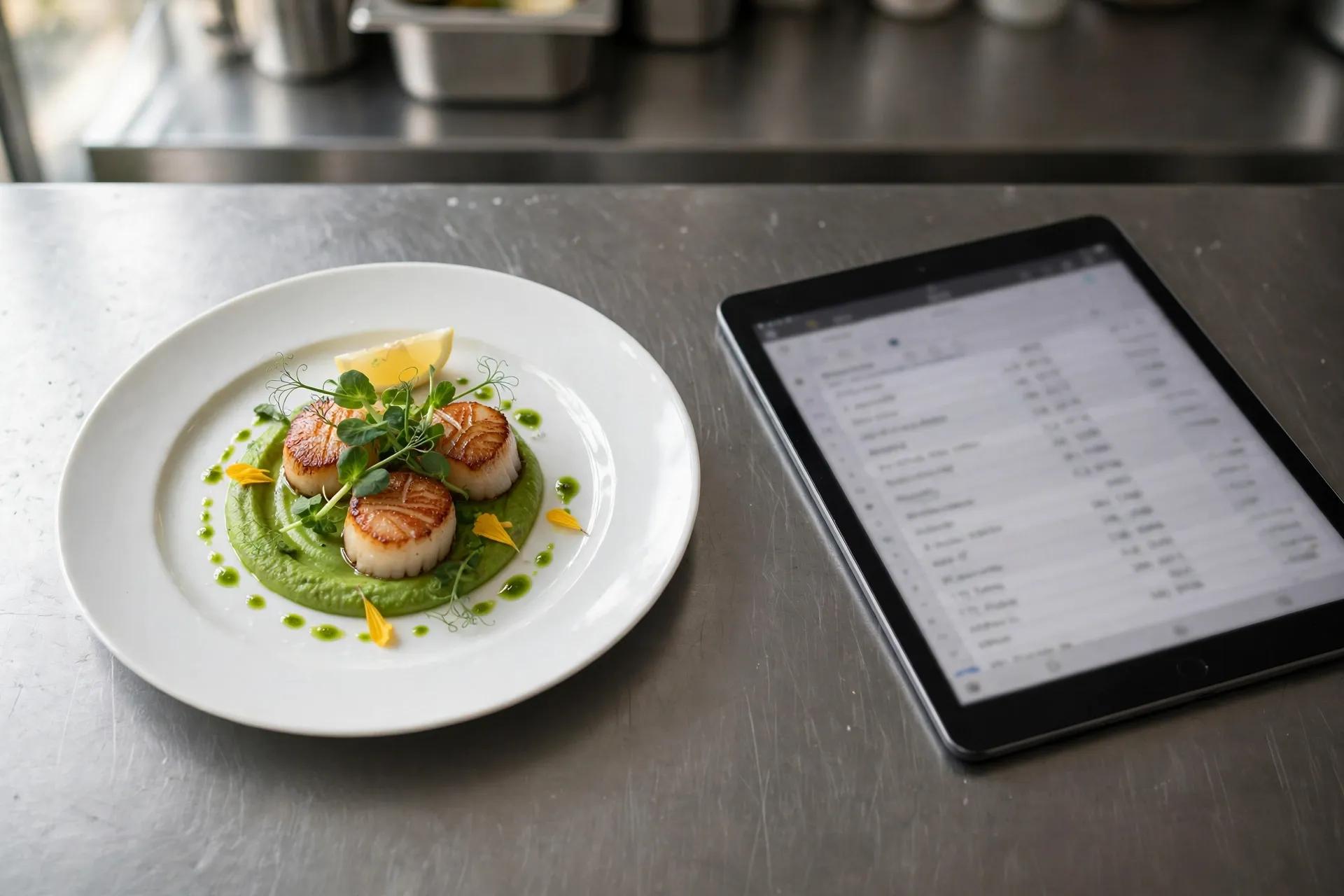 Seared scallops on green puree beside a tablet displaying a menu on a metal counter.